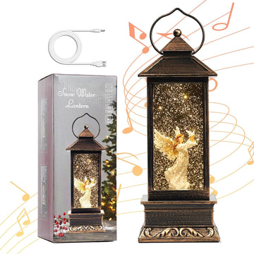 12" Christmas Snow Globe Lantern with Angel and Dove - Water Glittering LED Light Lantern with Music - Vintage Xmas