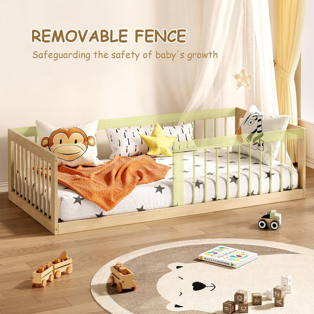 Montessori Toddler Bed, Variable Twin Floor Bed Frame with Removable Guardrails and Legs, Low Wooden Kids Bed with 10