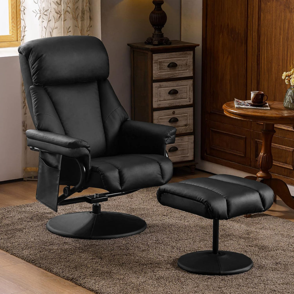 Modern Reclining Swivel Lounge Chair and Ottoman — Black Faux Leather