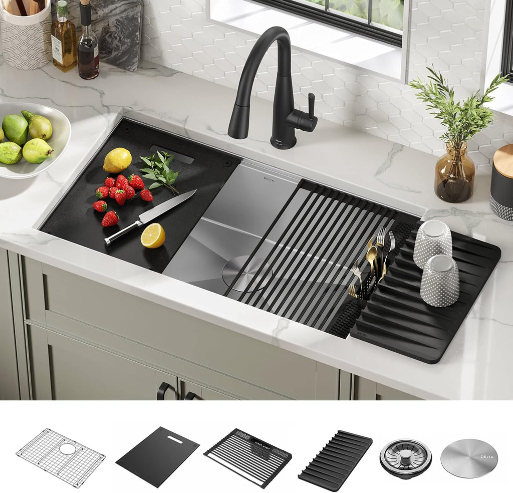 FAUCET Rivet 32-Inch Workstation Kitchen Sink Undermount 16 Gauge Stainless Steel Single Bowl with WorkFlow Ledge and