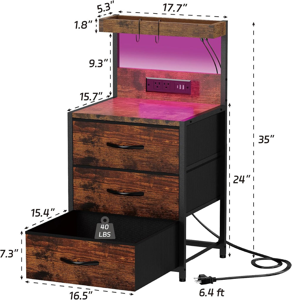 Nightstands Set of 2, End Table with LED Light and Charging Station Type C, 3 Drawers Storage Night Stand with Hooks