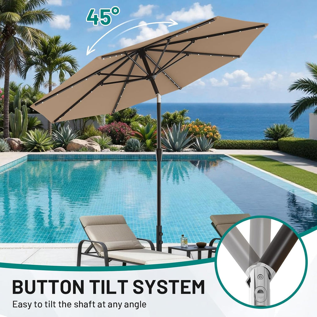 9FT Patio Umbrella with Solar Lights, 32 Lighted Pool Umbrella w/Tilt and Crank