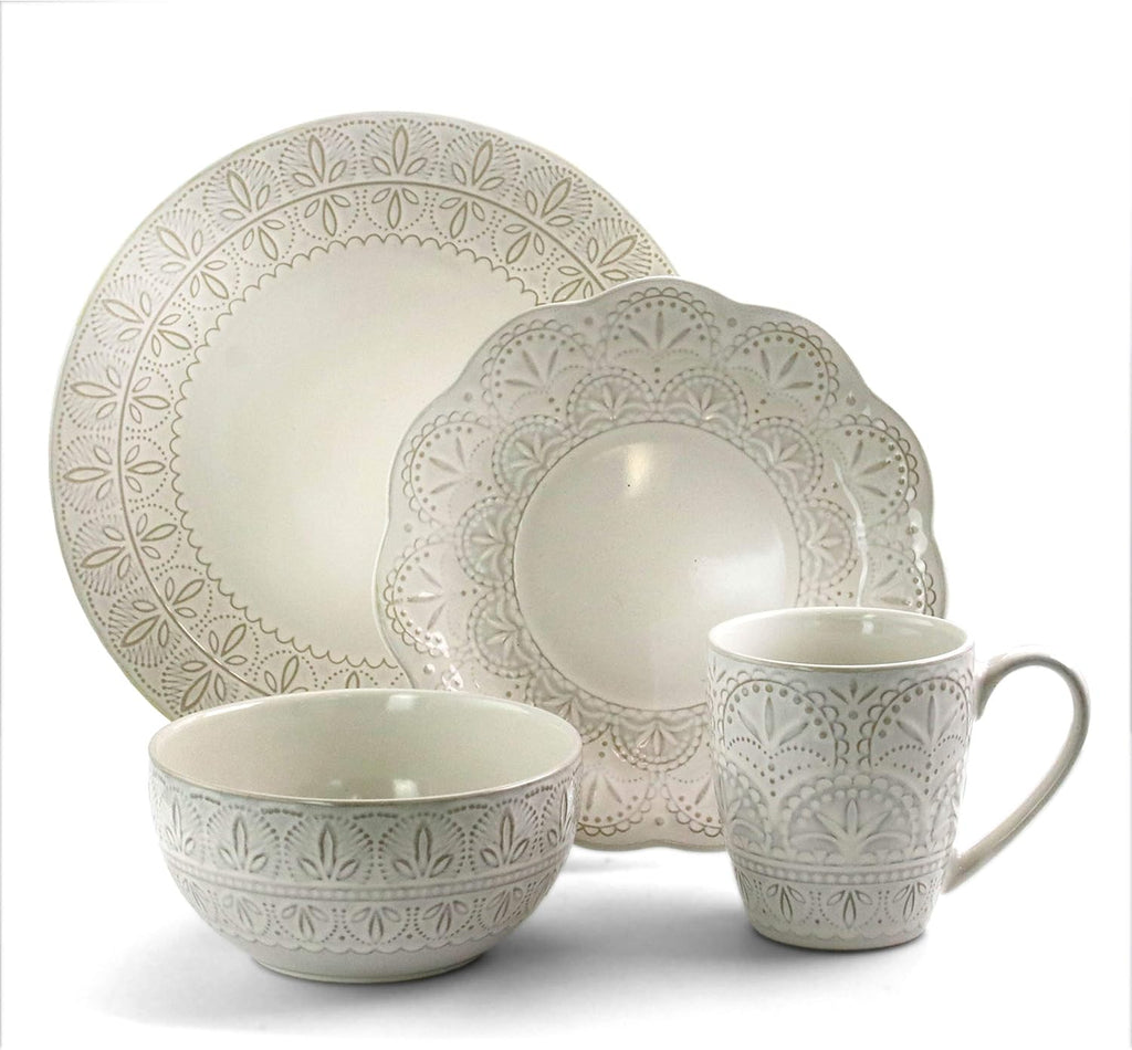 White Lace 16 Piece Round Scallop Stoneware Dinnerware Set in White