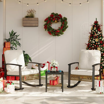 3-Piece Outdoor Rocking Bistro Set, Patio Furniture Set with Coffee Table and Thick Cushions, Wicker Rocking Chairs
