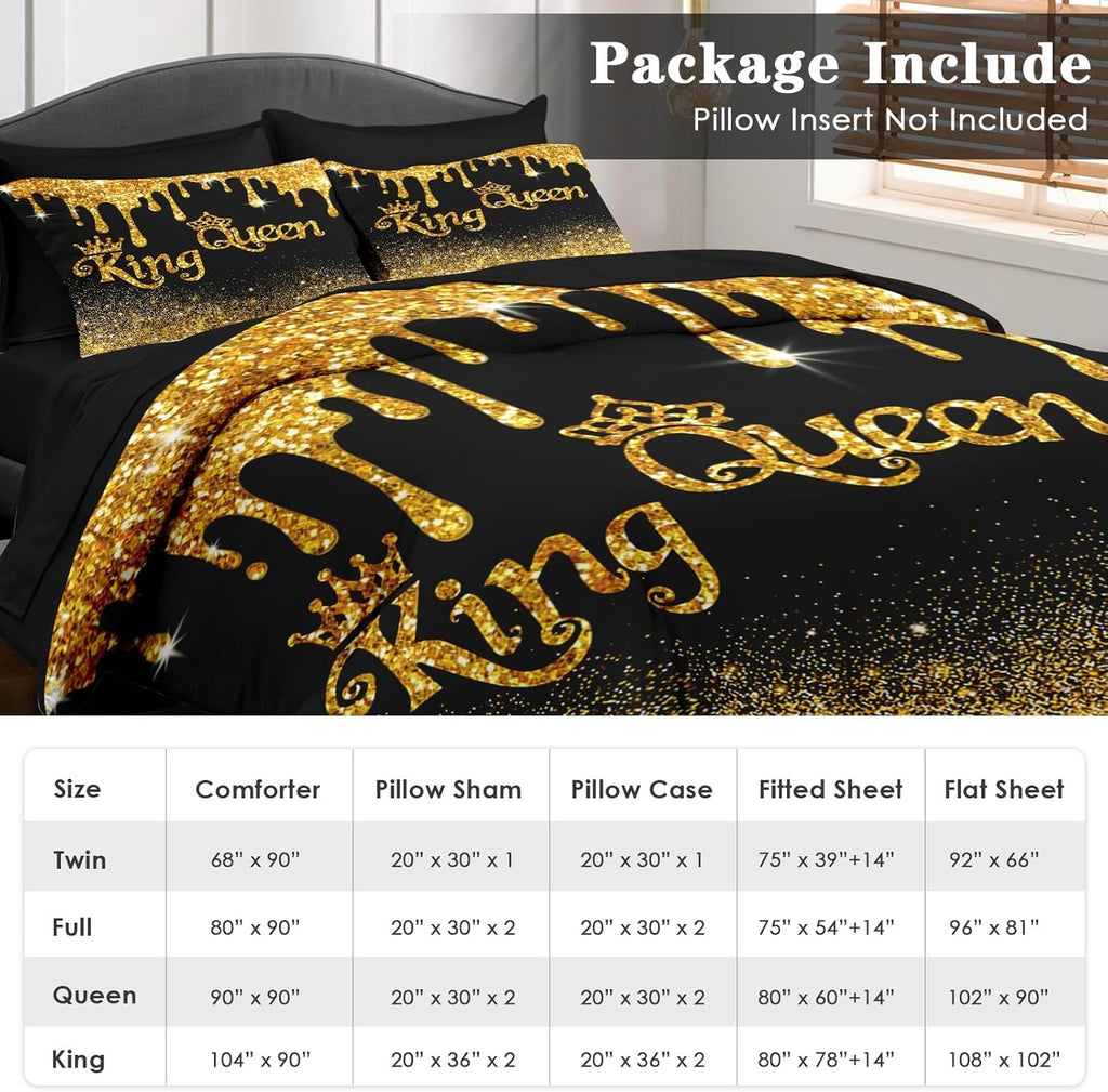 Comforter Set, Black Gold Crown 7 Pcs Bedding for Kids and Adults