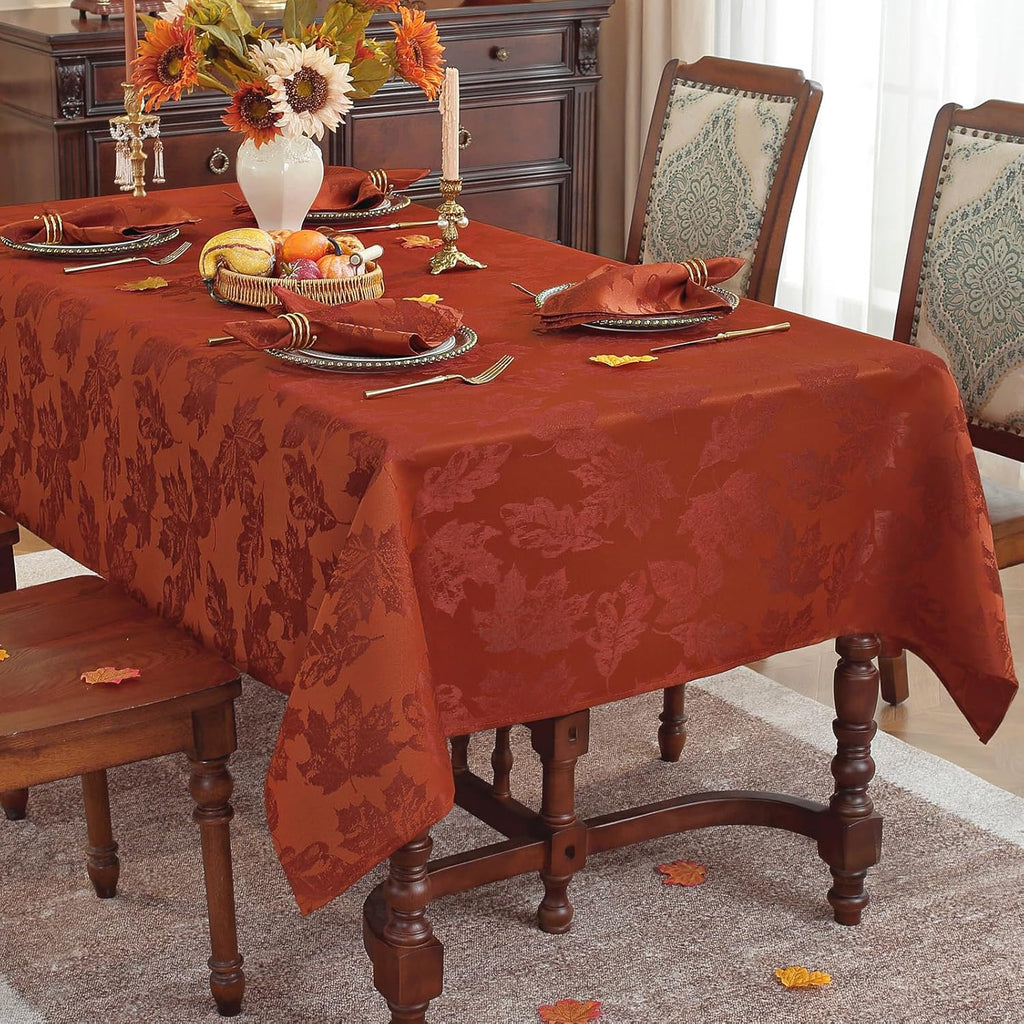 Rust Tablecloth Rectangular, Spillproof & Wrinkle Resistant Table Cloth, Elegant Jacquard Damask Tab