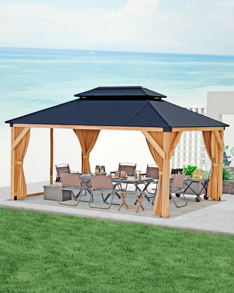 10x12 ft Hardtop Wood Gazebo for All Weather, Double Metal Roof, Heavy Duty Cedar Frame, Curtains & Netting