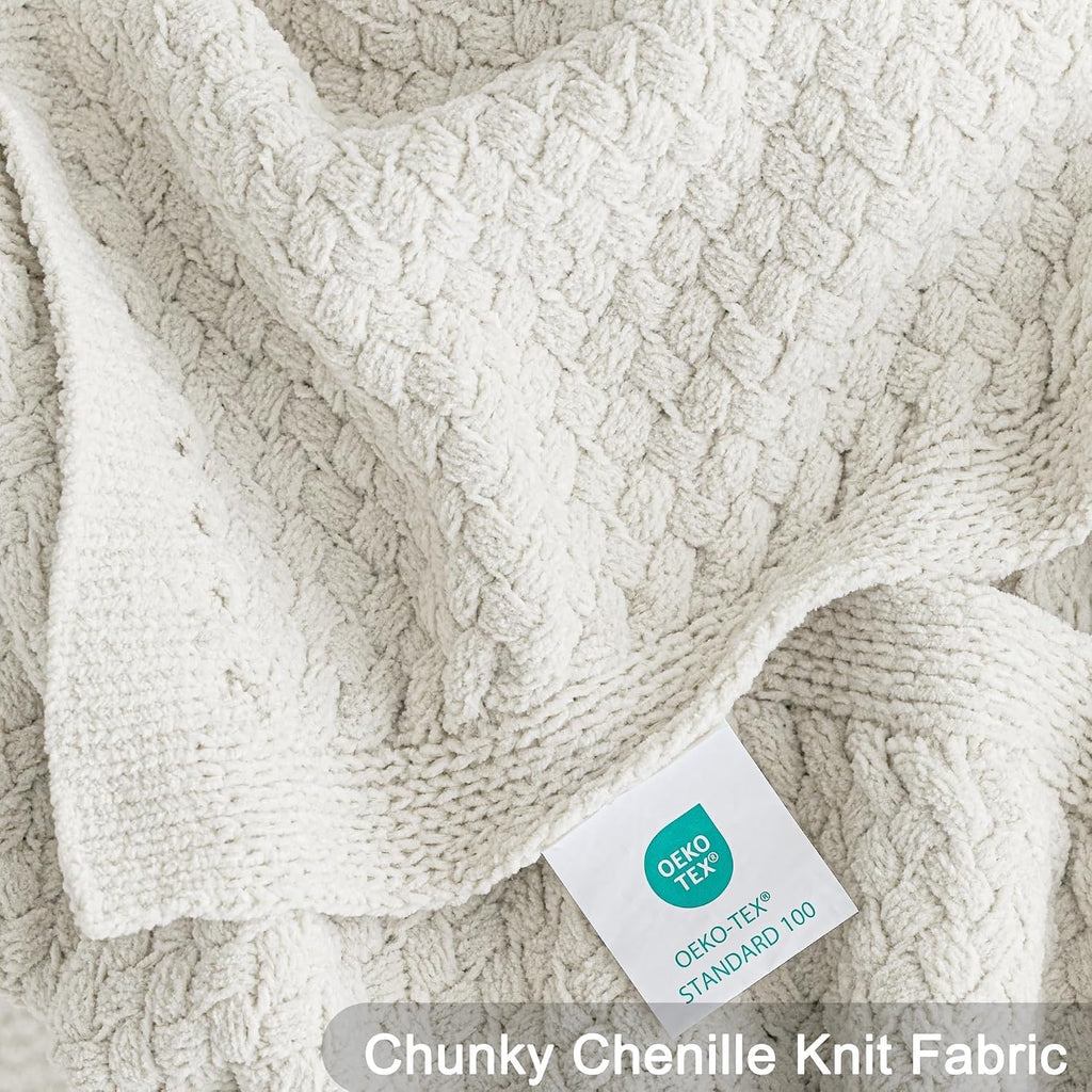 Chunky Chenille Knit Throw Blanket, Lightweight Breathable Summer Throws, Luxe Soft Fuzzy Cozy Basket Woven Stitch