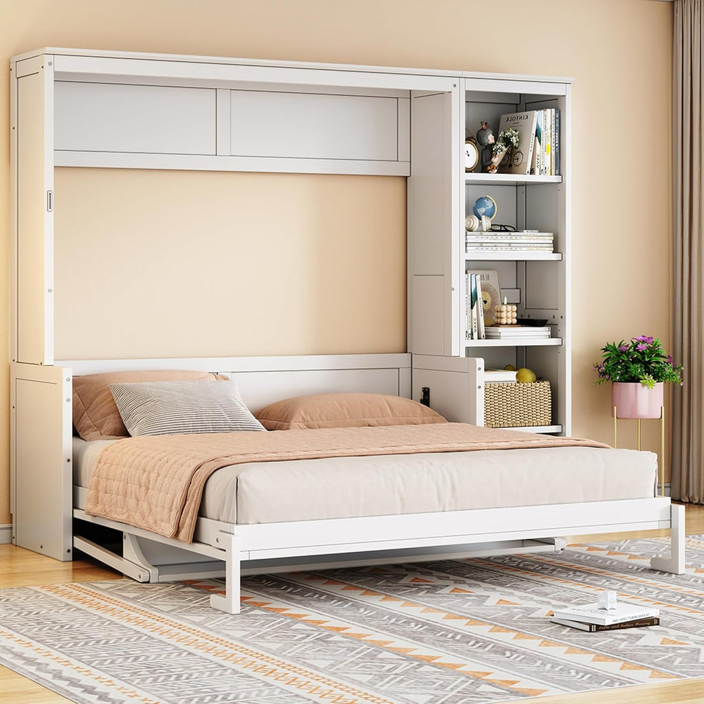 Queen Murphy Bed with Desk and Bookshelf, Space-Saving Design Foldable Wall Bed, Fold into The Wall, Pine Wood