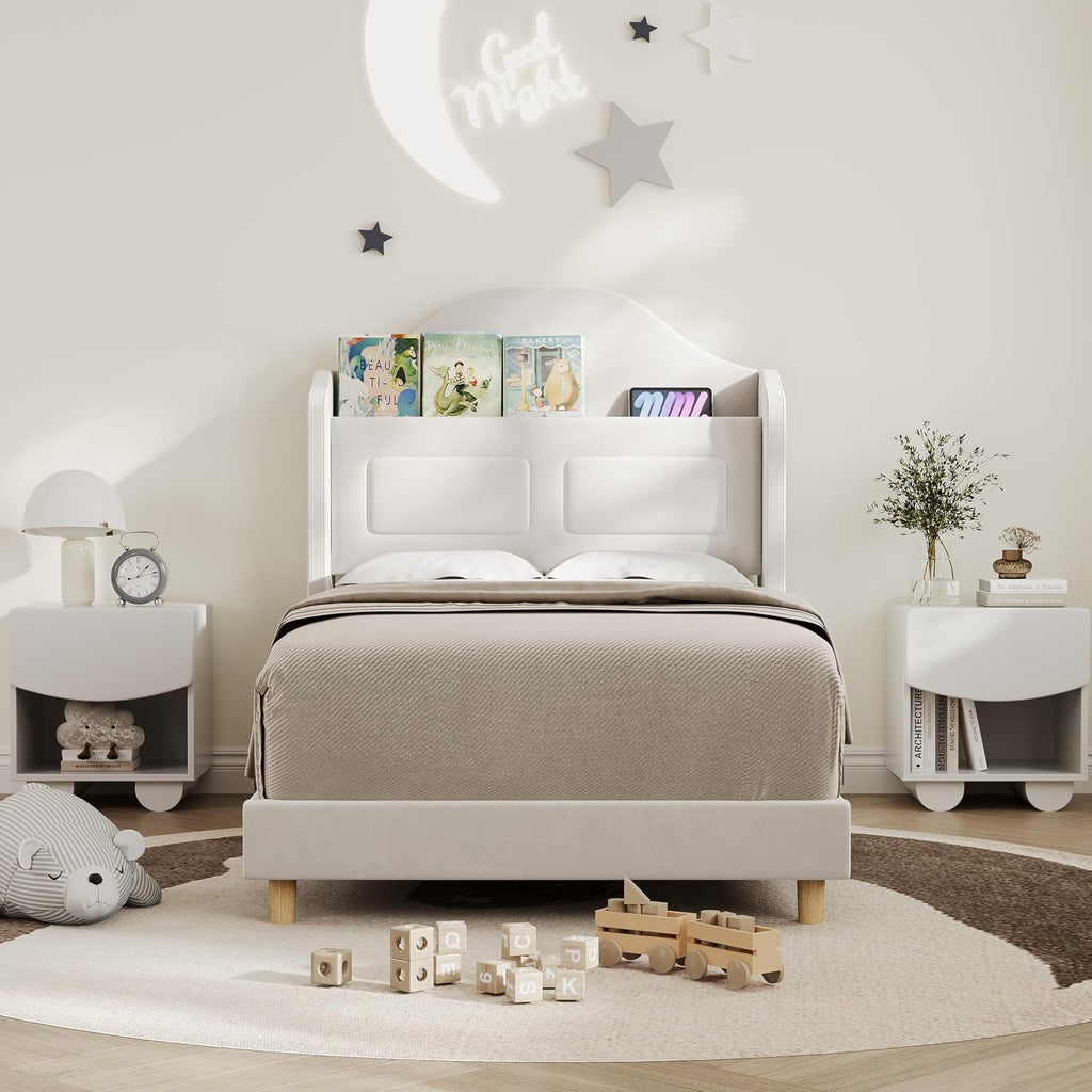 Twin Bed Frame for Kids, Upholstered Platform Bed for Boys/Girls, Beige | Velvet Wingback Headboard with LED Light &
