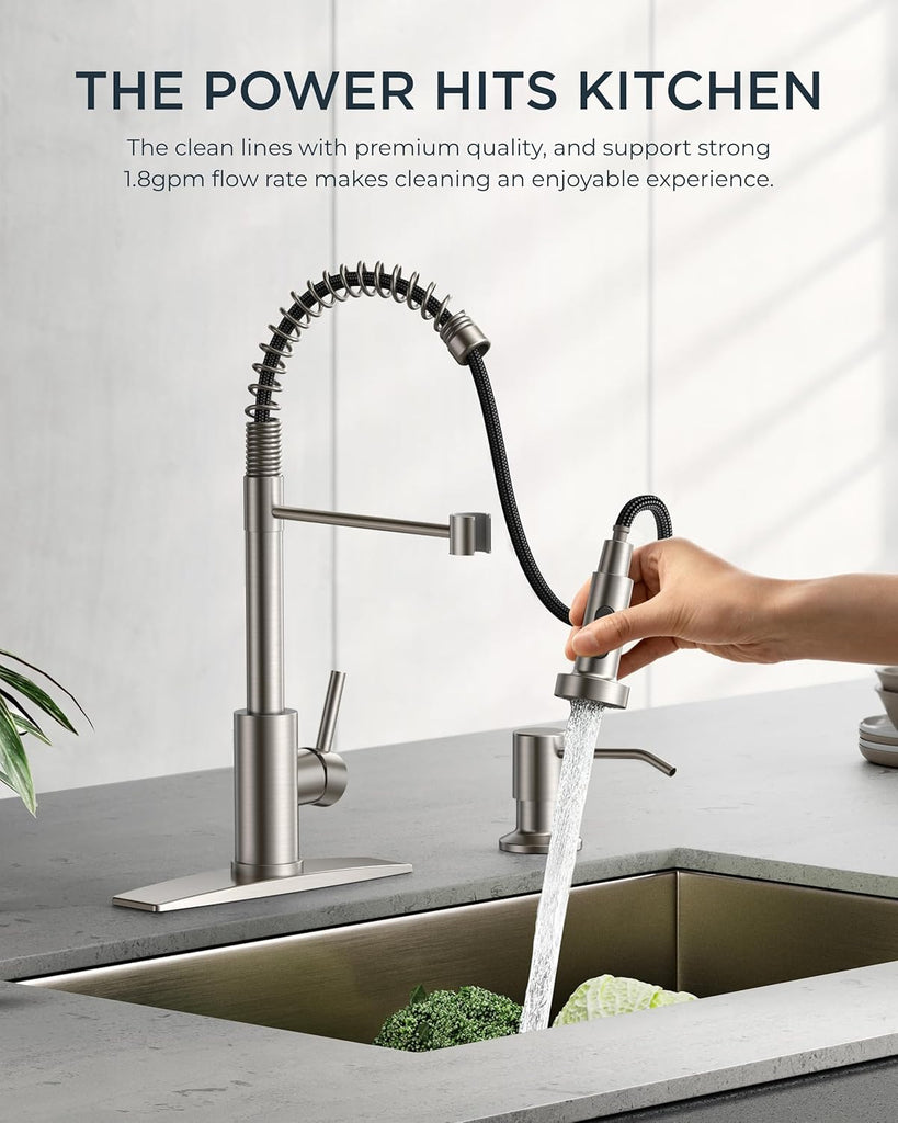 Kitchen Faucets, Brushed Nickel Kitchen Sink Faucet with Pull Down Sprayer, Commercial Kitchen Faucet Stainless Steel