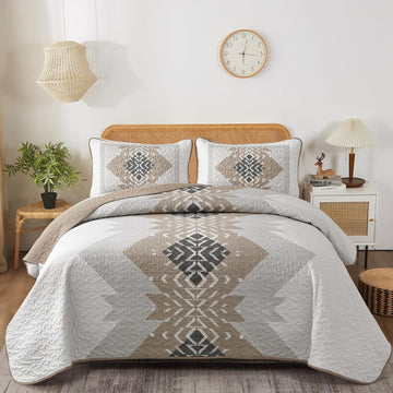 Brown Boho Quilt Set Queen,3 Pieces Aztec Texture Quilt with 2 Pillowcases,Bohemian Geometric Bedspread Bedding Set