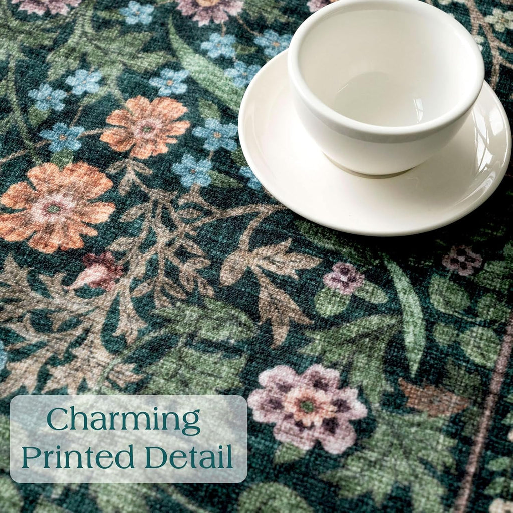 Dark Green Floral Entry Rug - 3x5 Soft Washable Bedroom Area Rug Non Slip Vintage Botanical Farmhous