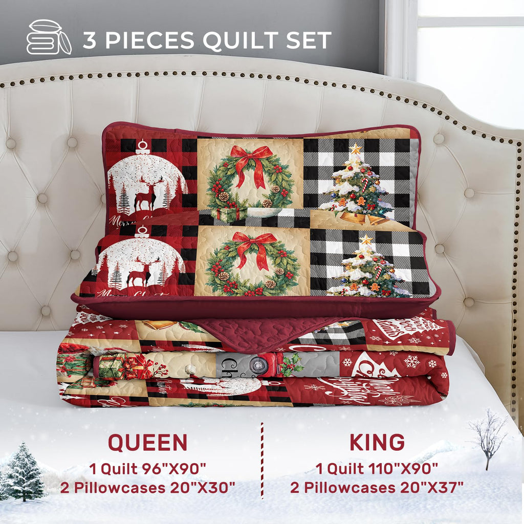 Christmas Quilt Set Queen Size Red Cardinal Wreath Patchwork Xmas Bedspread