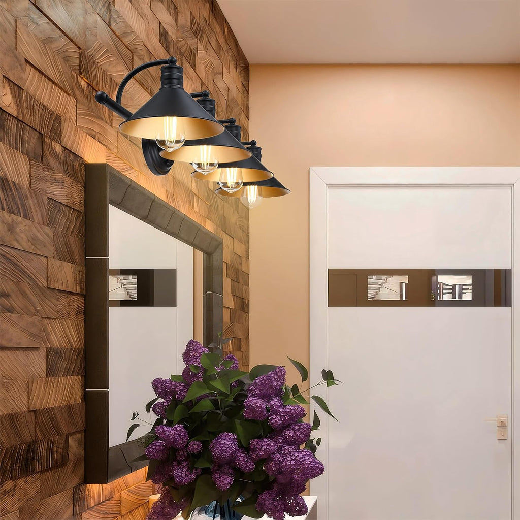 4 Light Bathroom Vanity Light Over Mirror - Black and Gold Farmhouse Wall Light Vanity Powder Room, Rustic Goose Neck