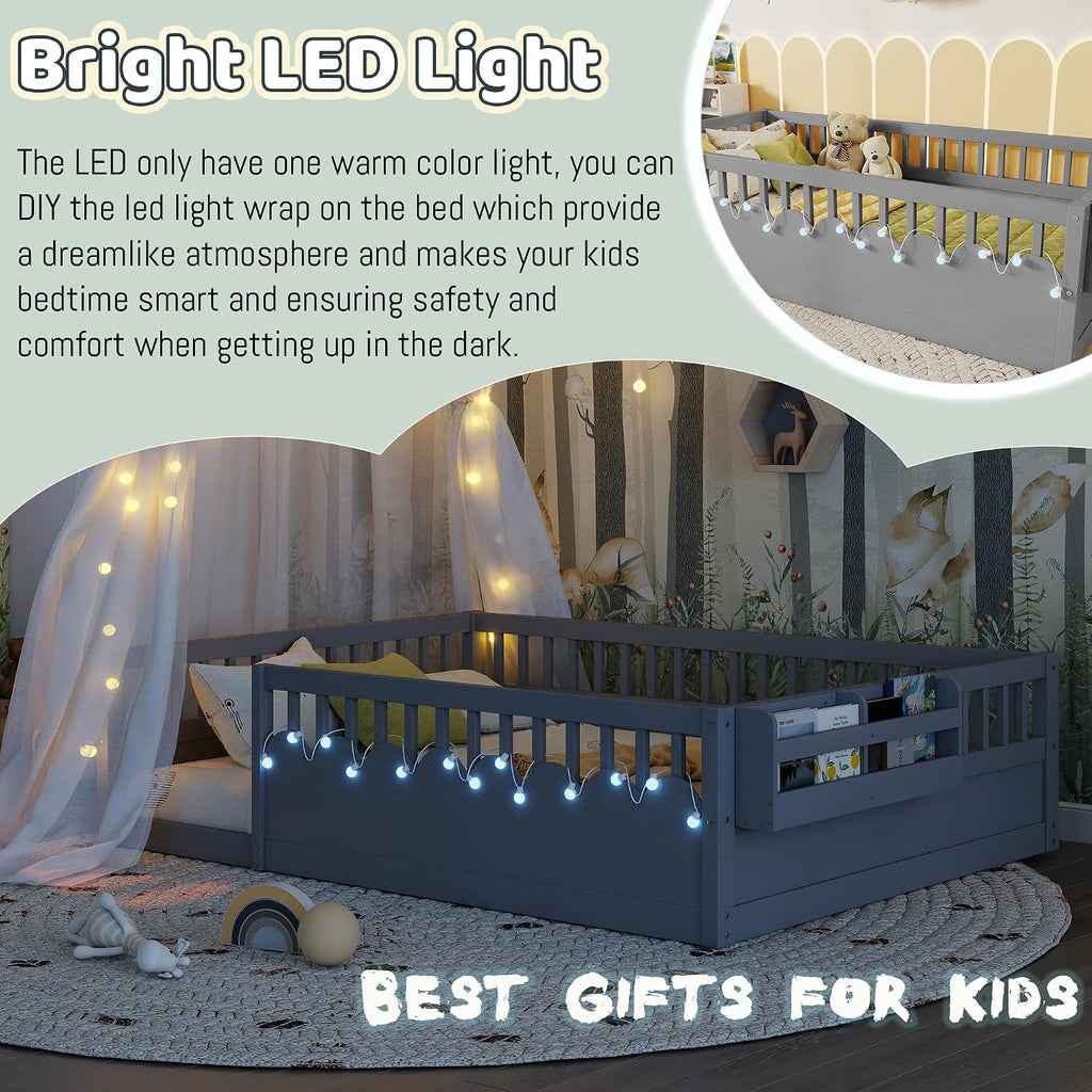 Montessori Floor Bed with High Rails,Full Size Floor Bed Frame for Kids, LED Lights & Storage Shelf, Safe & Wider