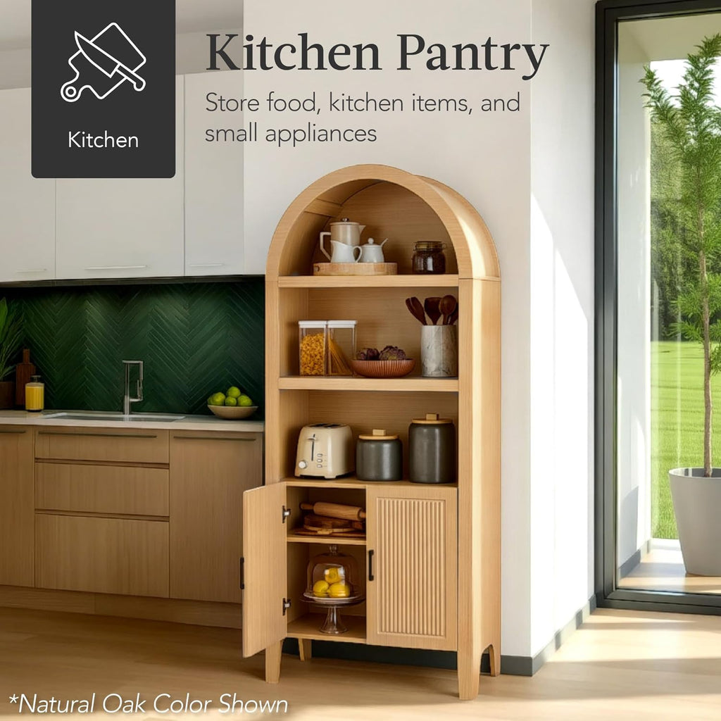 72" Tall Arched Pantry Cabinet w/Reeded Doors, 5-Tier Bookshelf, Armoire, Hutch, Bookcase