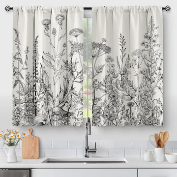 Flower Leaves Kitchen Curtains - Grey Floral Spring Rustic Plant Botanical Cafe Farmhouse Small Short Curtains Living