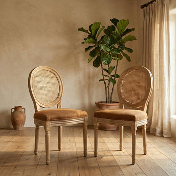 Vintage French Country Dining Chairs Set of 2, Farmhouse Rattan Dining Room Chairs with Round Back, Linen Upholstered