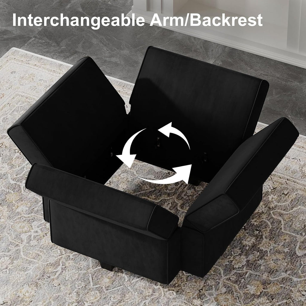 Modern L Shaped Velvet Sectional Sofa with Chaise, Black, Storage, Adjustable Arm/Backrest