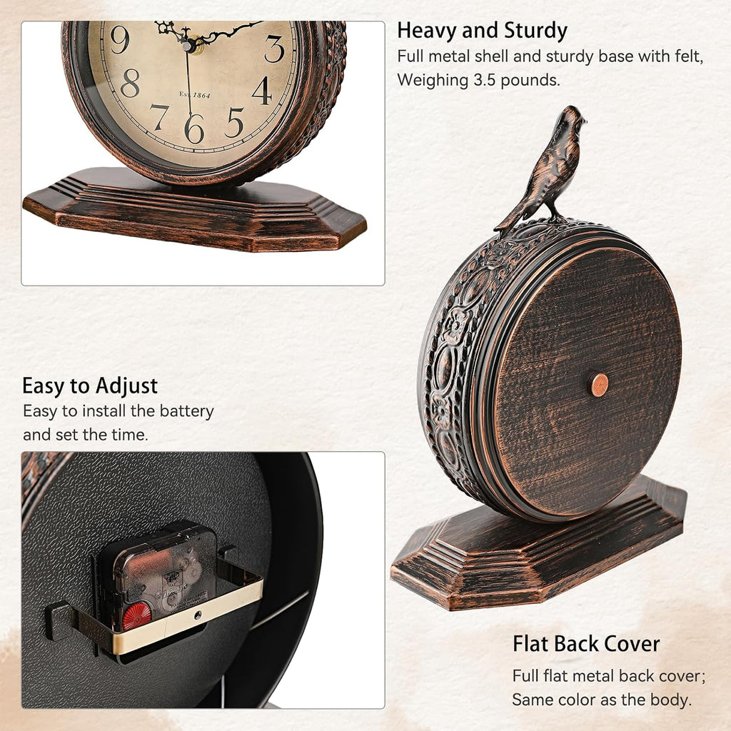 8-Inch Antique Mantel Clocks For Living Room, Retro Table Metal Silent Clocks For Fireplace