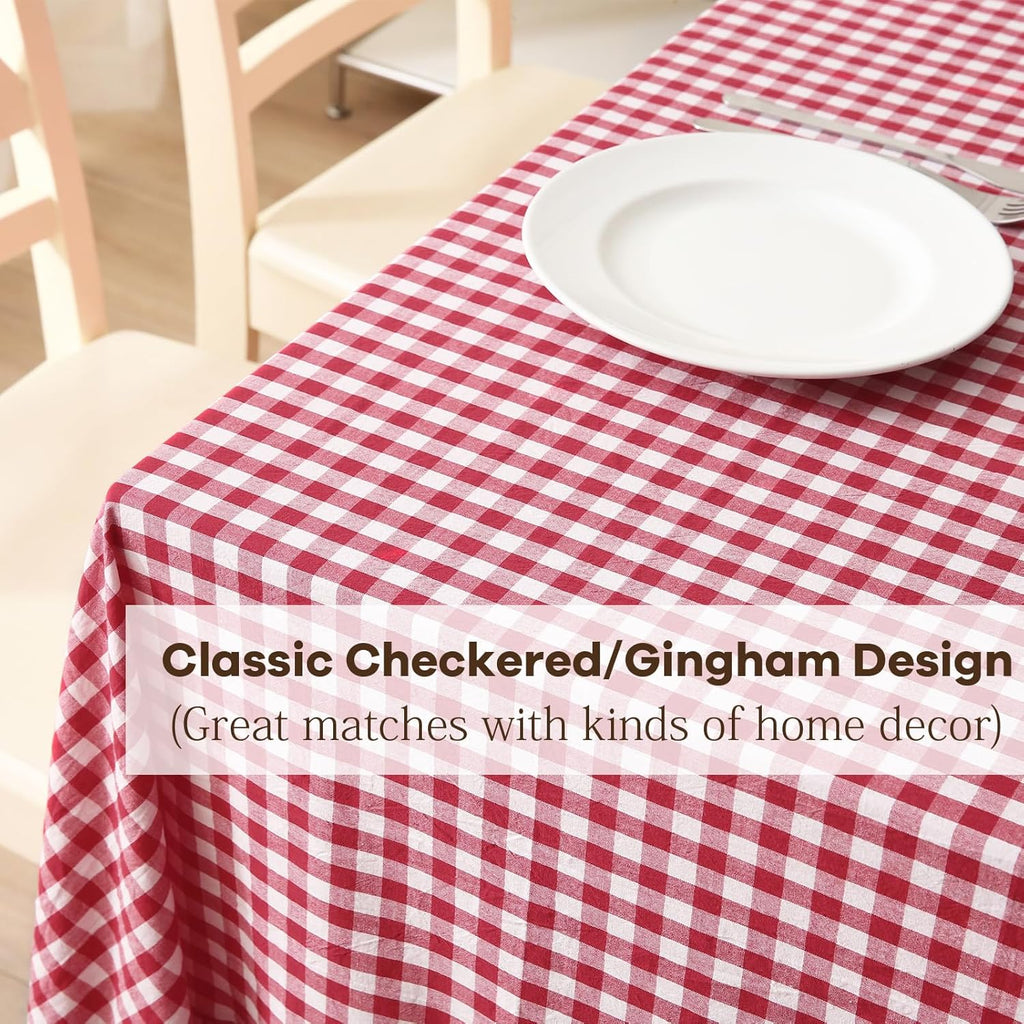 Red White Plaid Ruffled Table Cloth Rectangular for Seat 8-10, 100% Washed Cotton Buffet Cottage Coq