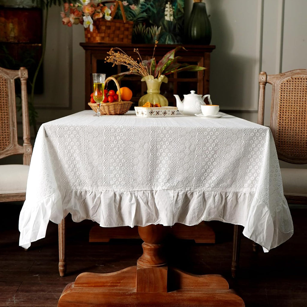 White Cotton Tablecloth Ruffled Lace Embroidered Fabric Tablecloths Rustic French Washable Table Cov