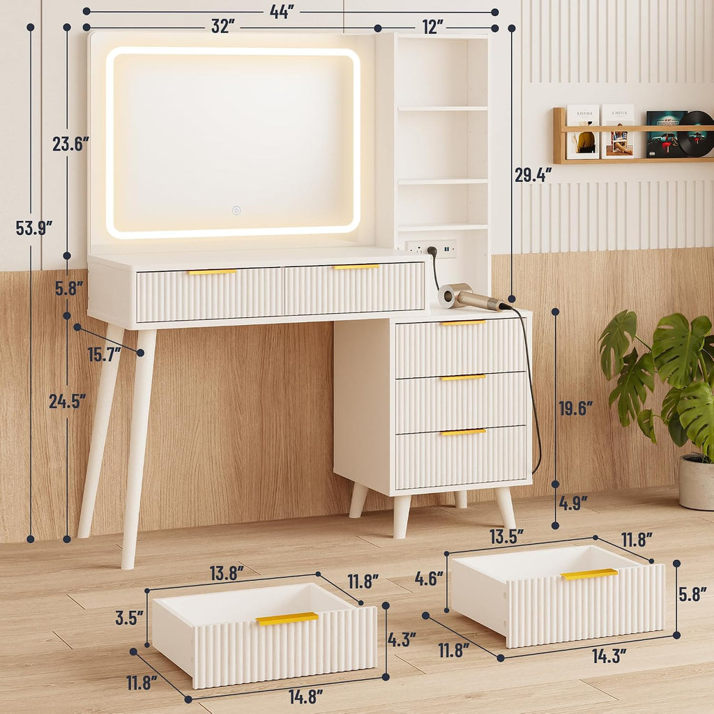 Vanity Desk with Mirror and Lights, Makeup Vanity Desk with Power Outlet, Makeup Desk with 5 Drawers&Storage Shelves