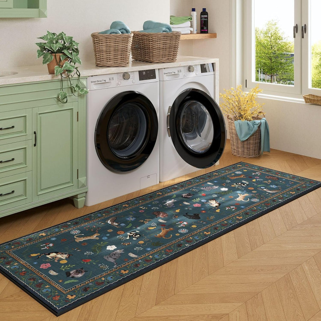 Runner Rug 2'7"x8' Washable Non Slip Floral Cat, Pearl Gentian Blue