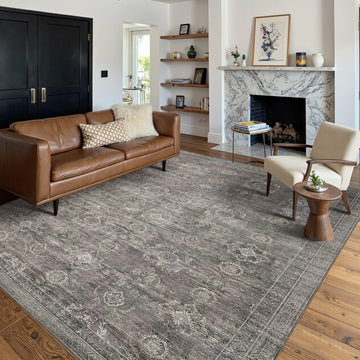 Area Rugs for Living Room Bedroom, Grey Washable Rug, Vintage Retro Boho Rug, Non Slip & Low Pile Faux Wool Thin
