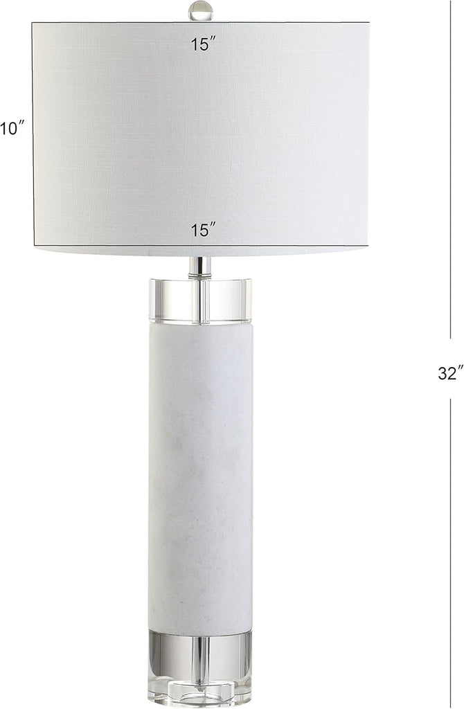 32" White Marble and Crystal LED Table Lamp, Modern Contemporary Cylindrical Column Bedside Lamp Bedroom