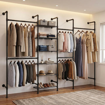 F4 Wall Mounted Closet System, Industrial Pipe Clothing Rack for Hanging Clothes, Heavy Duty Closet Organizer System