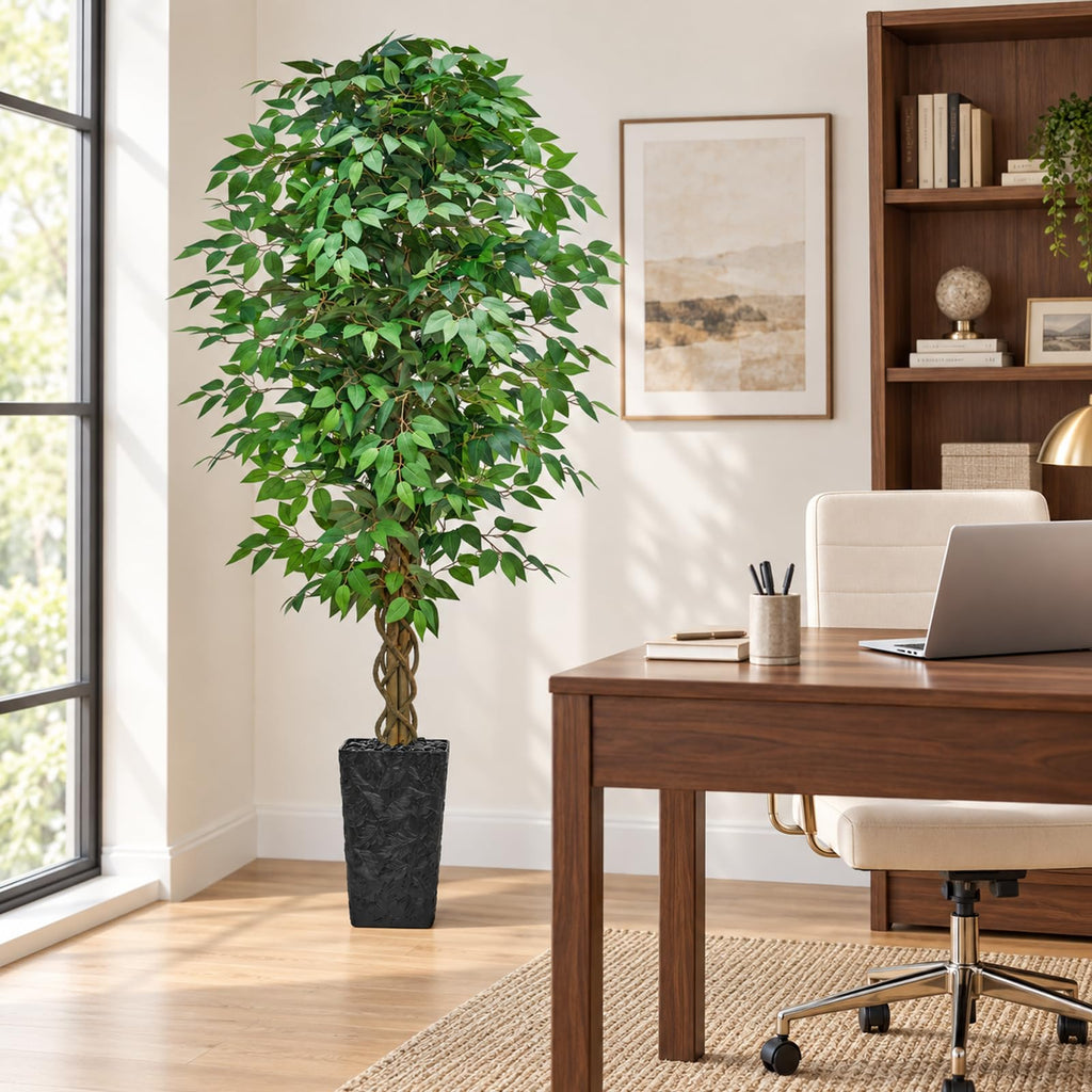 Artificial Ficus Tree 7FT, Large Fake Tree Decor (Black Planter)