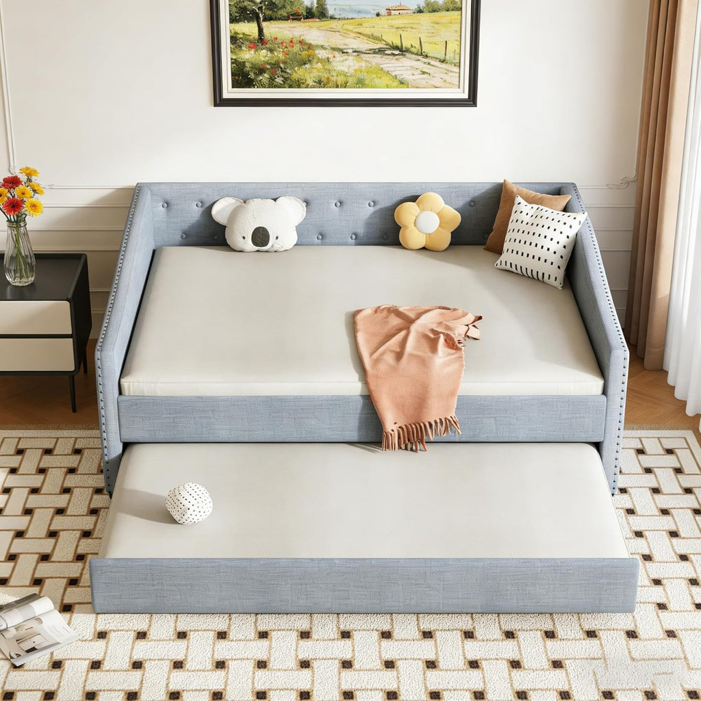 Full Size Upholstered Daybed with Trundle | Twin Size Trundle,Button-Tufted Back, Piping on Waved-Shape Arms, Solid