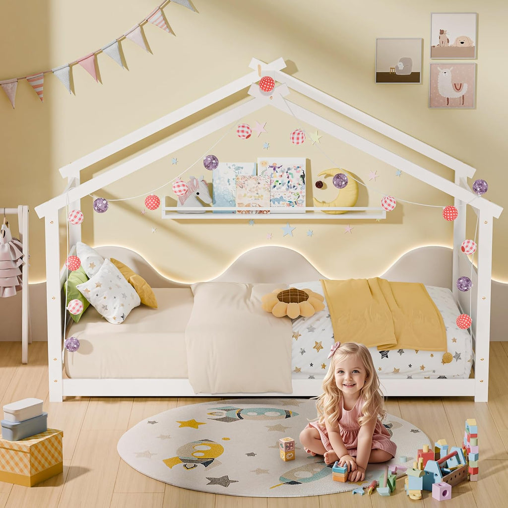 Tw Bed, Montessori Floor Bed with Headboard & Footboard, Solid Wood Bed Frame for Toddlers Kids Bedroom, White