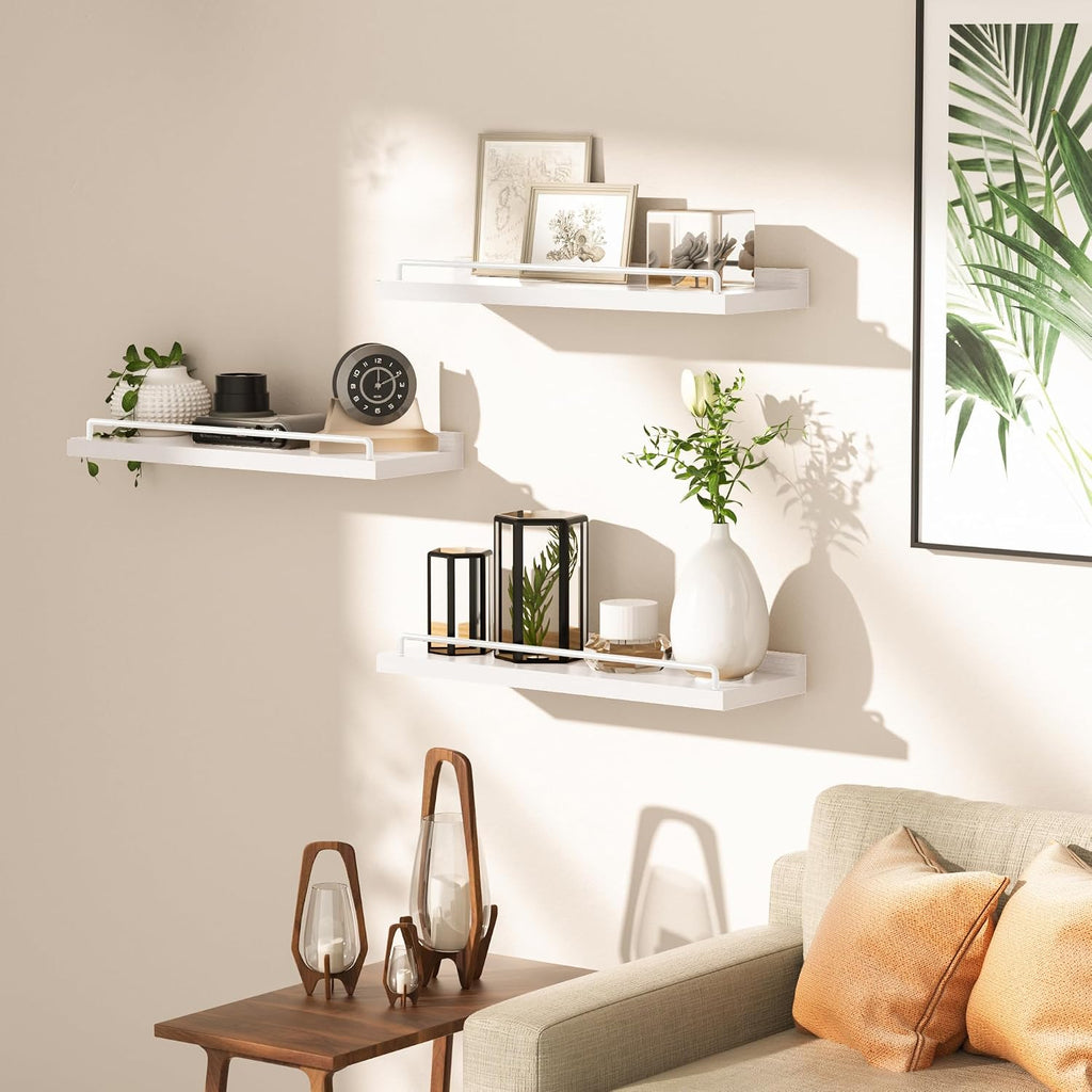 Floating Shelves for Wall Decor, White Shelves , Picture Frames, Plants, Kitchen (Set of 3)