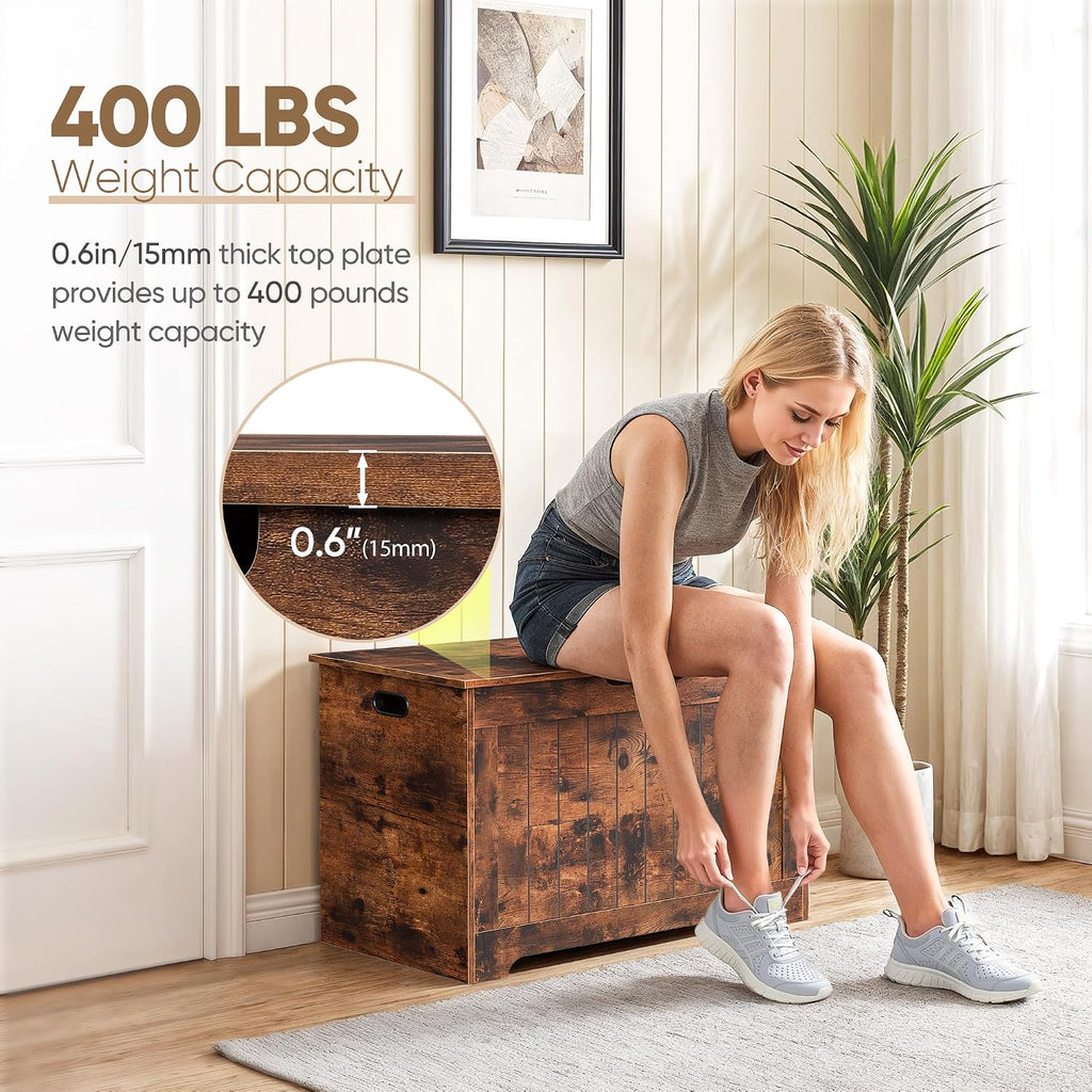 Storage Chest, 30 inches Chest Box Organizer with 2 Safety Hinges, Wooden Entryway Storage Bench, Rustic Brown
