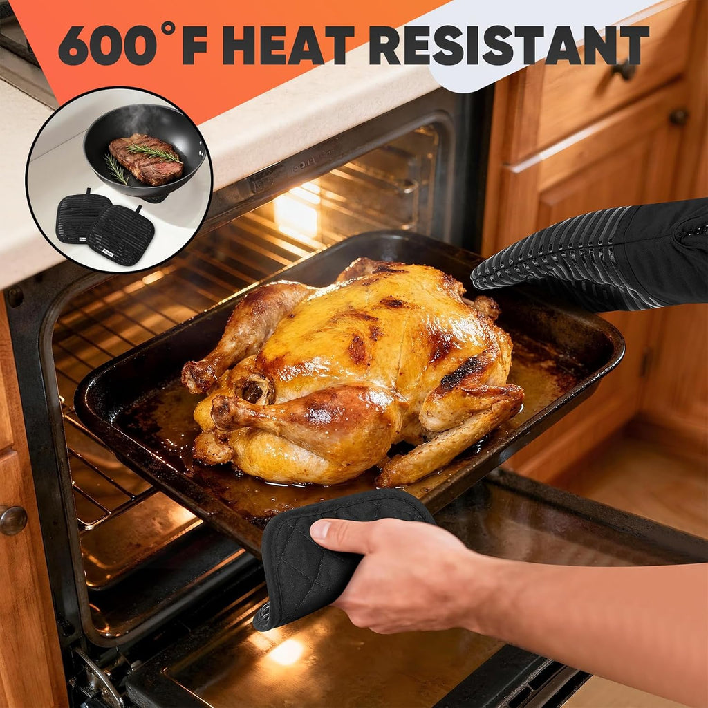 Oven Mitts Kitchen Towels and Dishcloths with Pot Holders Sets, Oven Gloves Hot Pads 500°F Heat Resistant with