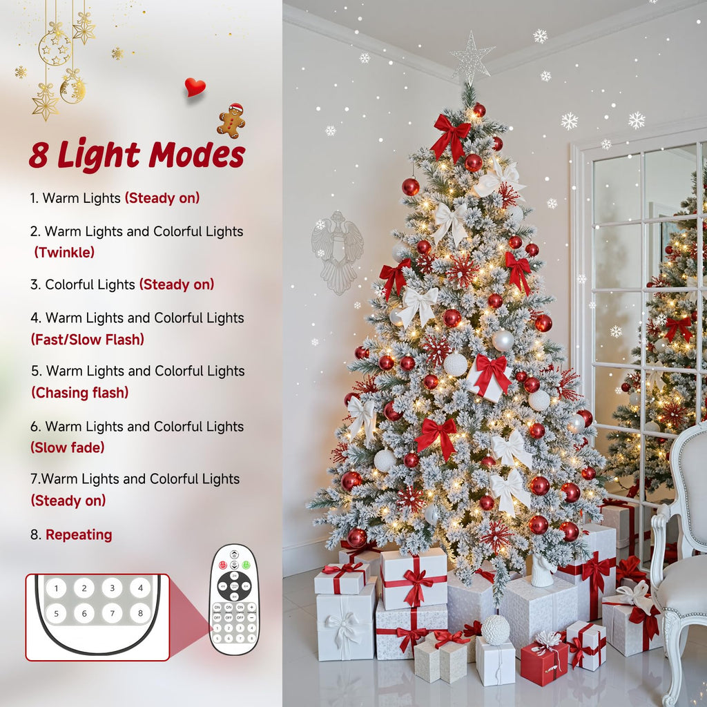 6.5ft Pre-Lit Flocked Christmas Tree with 360° Rotation, Remote Control, Warm White & Multi-Color Lights, Built-in
