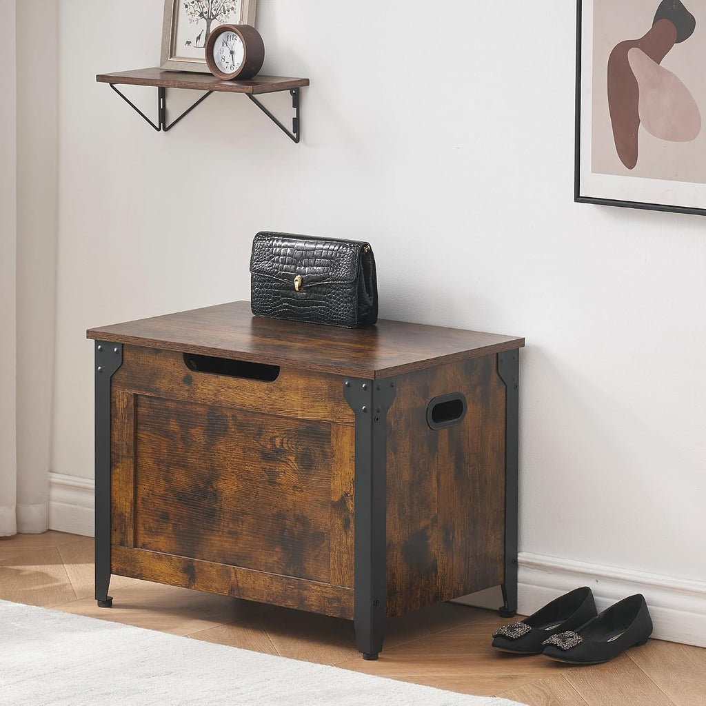 23.6" Storage Bench with 2 Safety Hinges, Rustic Brown | Retro Wooden Storage Chest, Loads 300 lb, Easy Assembly