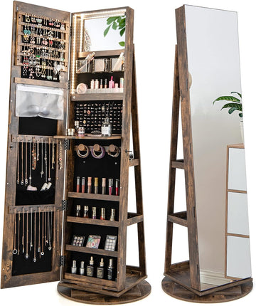 360° Swivel Jewelry Armoire with Full Length Mirror, Rear Storage Shelves, Lockable Standing Jewelry Cabinet