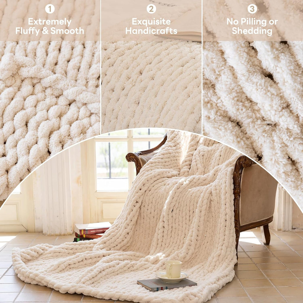 Chunky Knit Blanket - Luxury Soft Cozy 60 * 80 Throw Blanket, 100% Handmade Chenille Yarn Woven Blanket, Gift