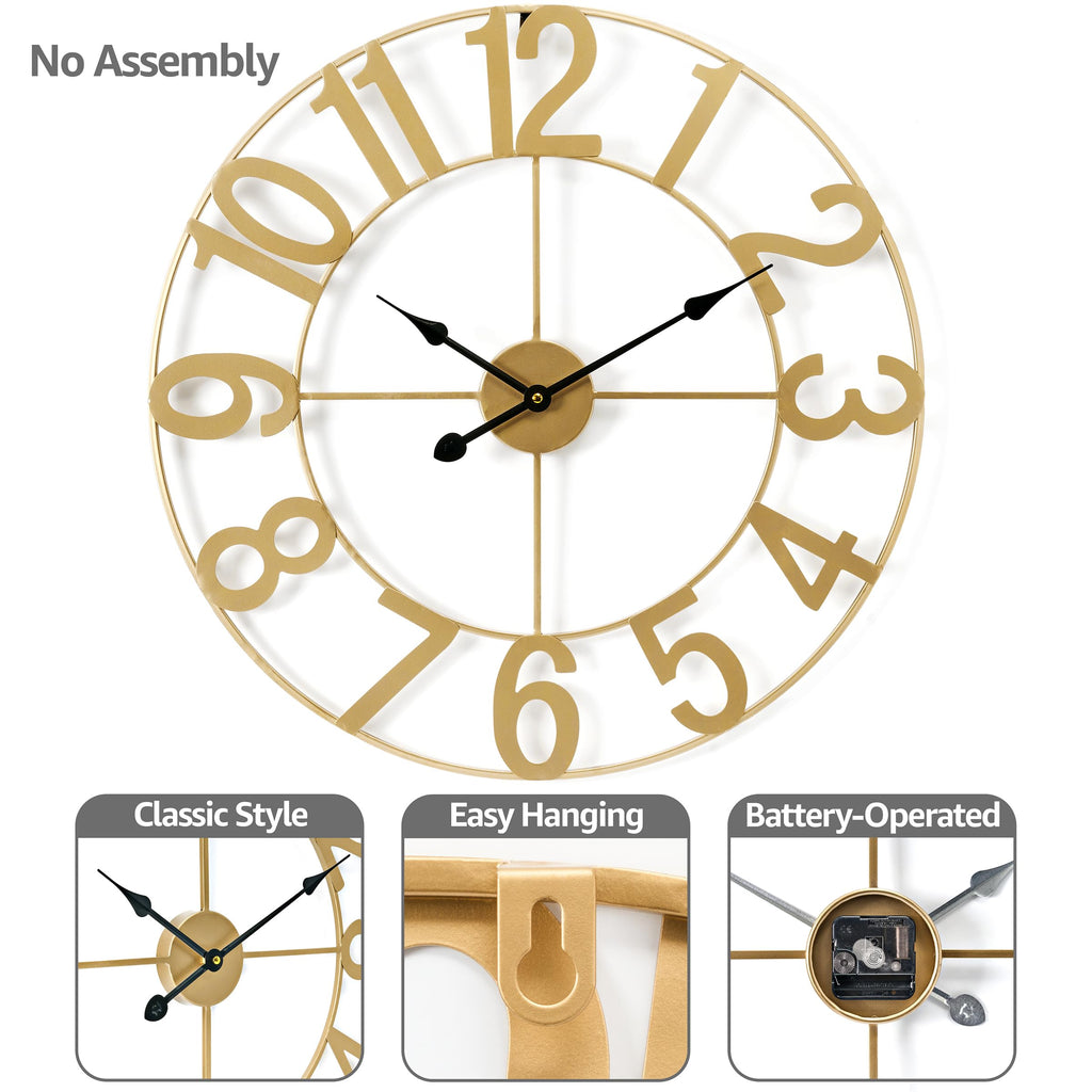 Large Wall Clock, Metal Frame, Battery Powered (24 Inch, Gold)