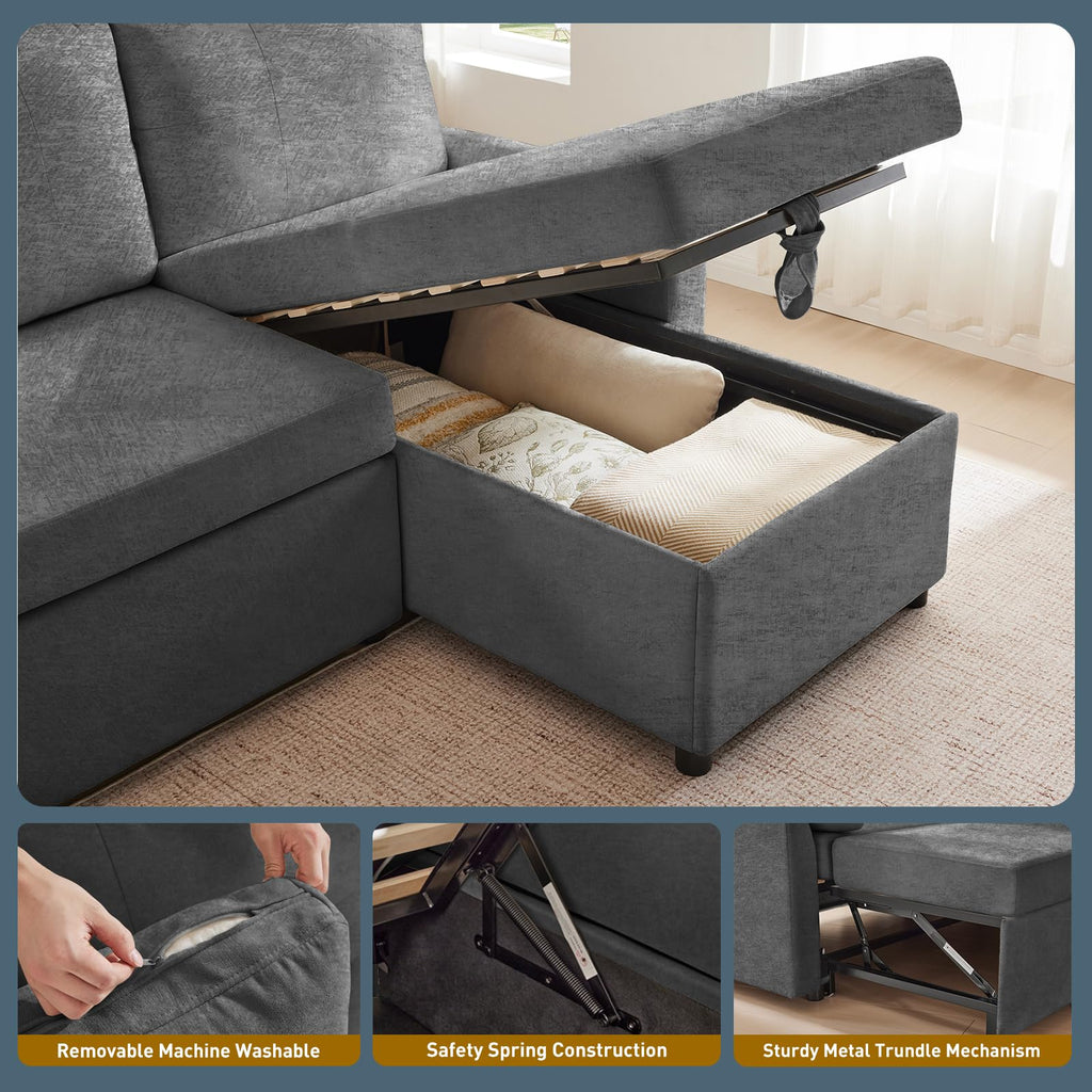 85" L Shaped Sectional Sofa Couch, Pull Out Couch Sleeper Sofa Bed, Soft Chenille Deep Seat Sofa, Reversible Chaise