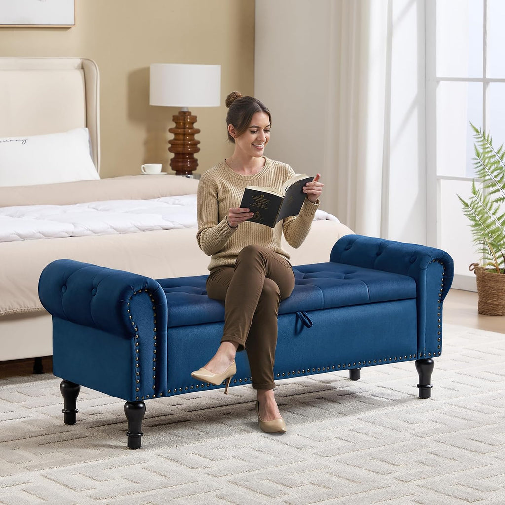 Storage Bench , 51" Upholstered End of Bed Bench, Velvet Queen Size Benches with Rolled Arms, Tufted Button Storage