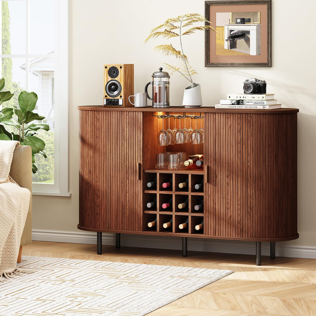 55" Fluted Wine Bar Cabinet with LED Light Walnut