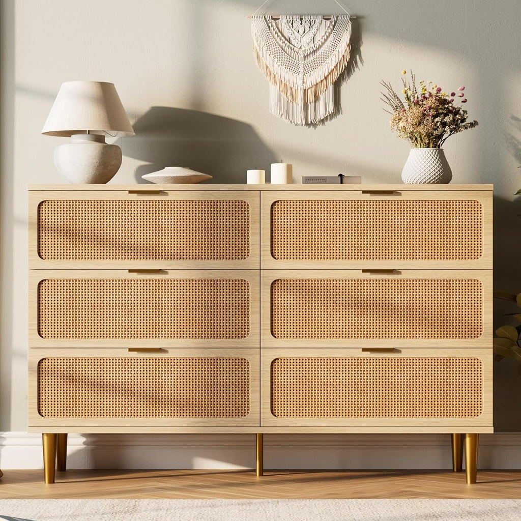 Rattan 6 Drawer Dresser , Large Double Dresser with Deep Drawers, Wooden Chest of Drawers for Closet with Wide Top
