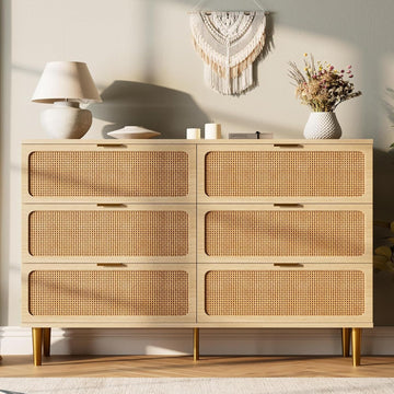 Rattan 6 Drawer Dresser , Large Double Dresser with Deep Drawers, Wooden Chest of Drawers for Closet with Wide Top