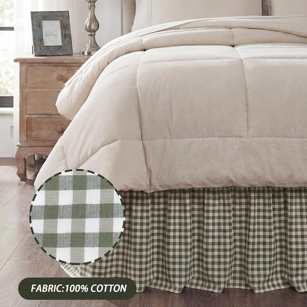 Sage Green Gingham Bed Skirt Queen Size 16" Drop Vintage Plaid Bed Skirt Farmhouse Cottage Pleated Frame Cover Cotton
