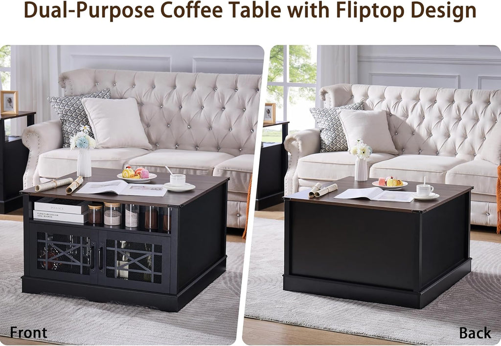 Square Coffee Table, Farmhouse Coffee Tables, Wood Coffee Table with Storage